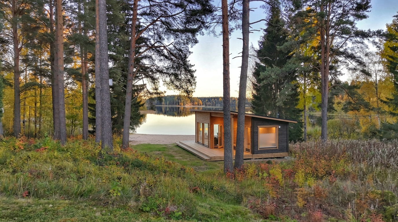Lopenselän Rivieran rantasauna ja hiekkaranta järven äärellä